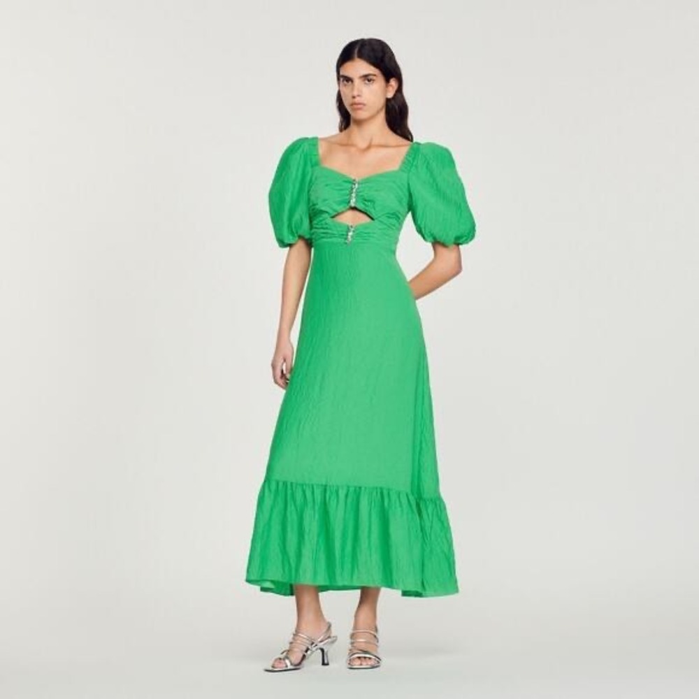 NEW Sandro Falbala Rhinestone Embellished Cutout Midi Dress Green Size 40 Large